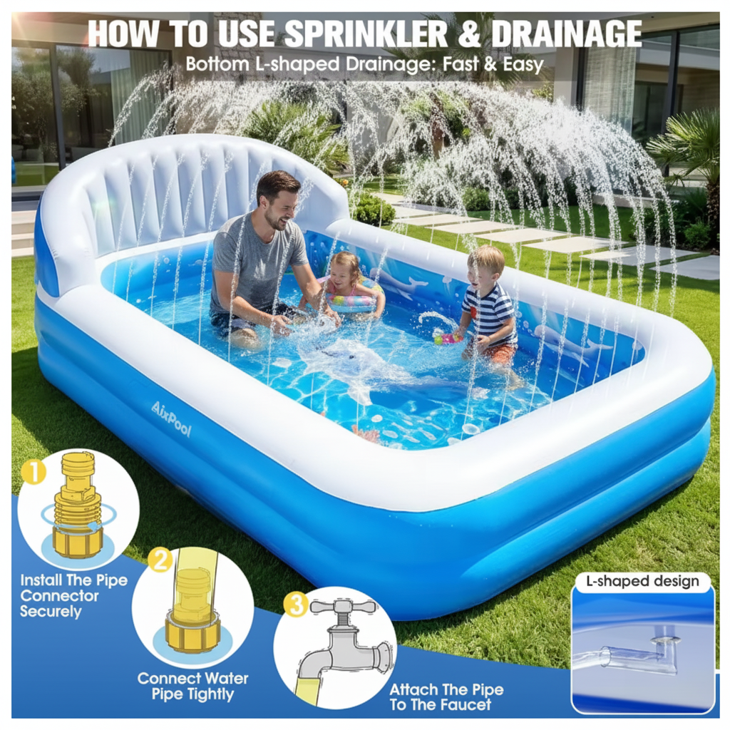 Kids Inflatable Pool with Sprinkle with Big Backrest