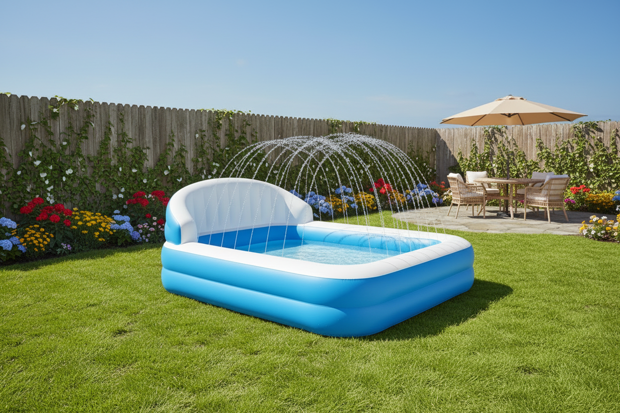 Kids Inflatable Pool with Sprinkle with Big Backrest