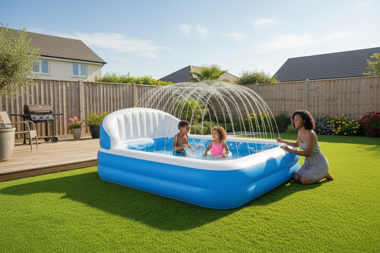 Kids Inflatable Pool with Sprinkle with Big Backrest