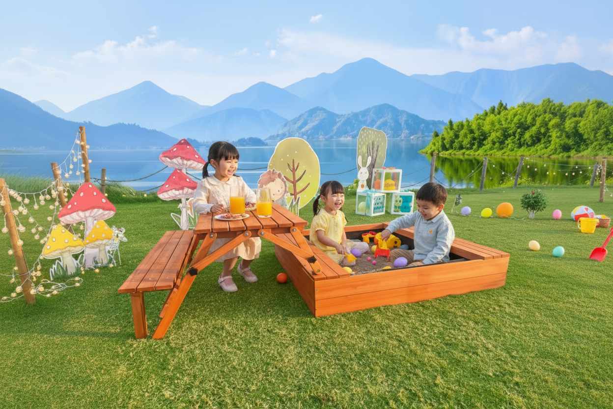 Kids Sandbox with Lid and Cover Outdoor Sand Pit with Picnic Table