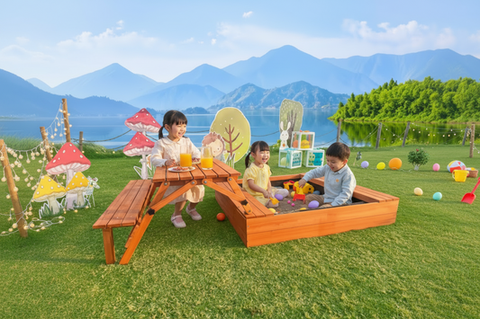 Kids Sandbox with Lid and Cover Outdoor Sand Pit with Picnic Table
