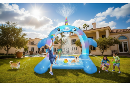 8.7FT Inflatable Whale Sprinkler with Basketball Hoop Arch 3-in-1 Large Splash Pad LED Lights