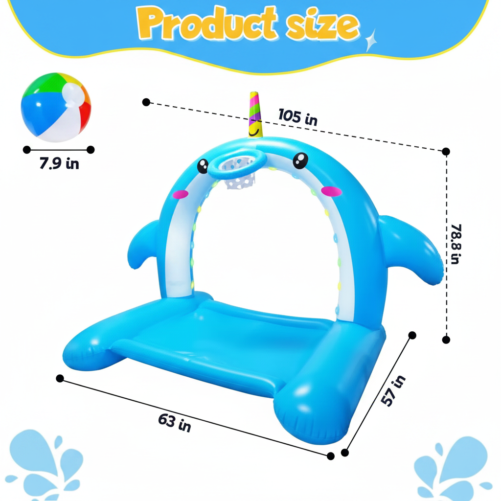 8.7FT Inflatable Whale Sprinkler with Basketball Hoop Arch 3-in-1 Large Splash Pad LED Lights