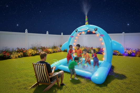 8.7FT Inflatable Whale Sprinkler with Basketball Hoop Arch 3-in-1 Large Splash Pad LED Lights
