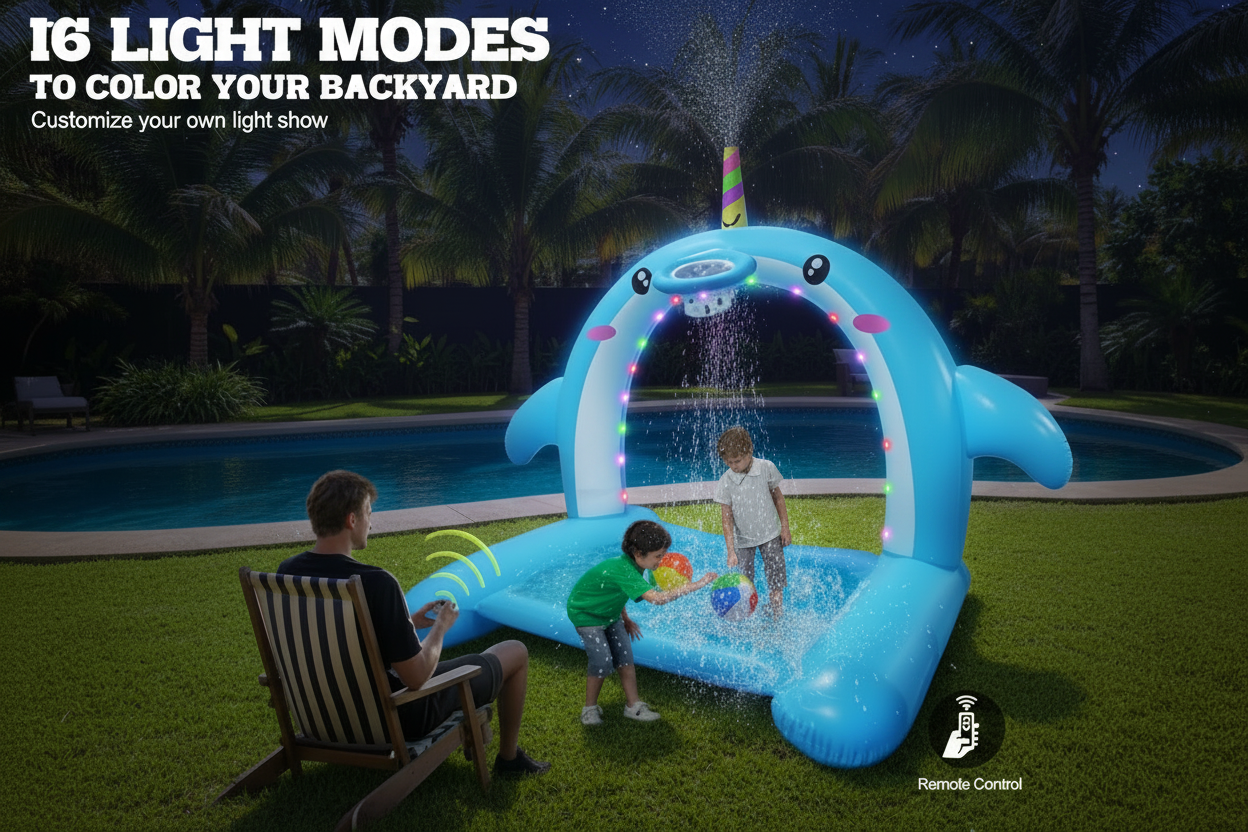 8.7FT Inflatable Whale Sprinkler with Basketball Hoop Arch 3-in-1 Large Splash Pad LED Lights